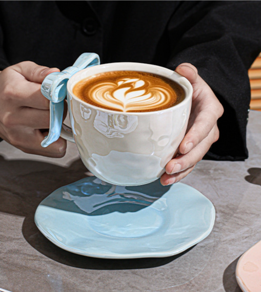 Ceramic Coffee Cup And Saucer Set With Bowknot Elegant Design_voghion.com