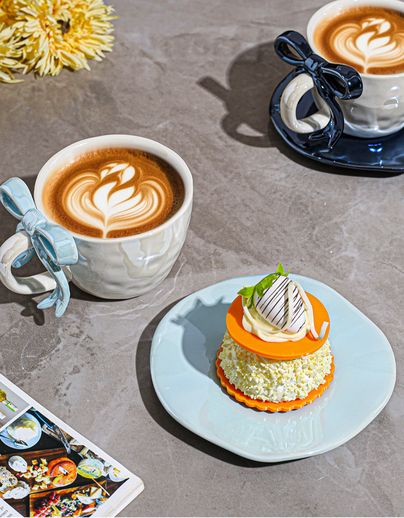 Ceramic Coffee Cup And Saucer Set With Bowknot Elegant Design_voghion.com