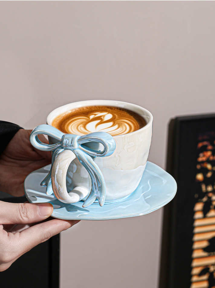Ceramic Coffee Cup And Saucer Set With Bowknot Elegant Design_voghion.com