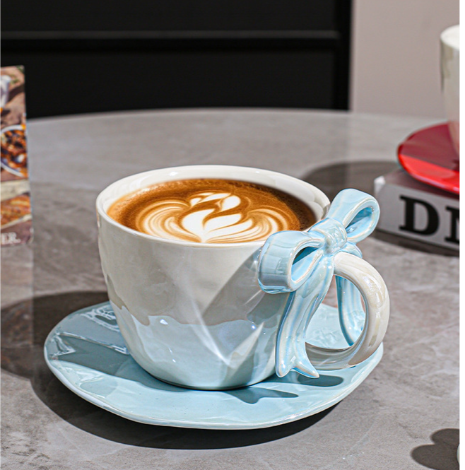 Ceramic Coffee Cup And Saucer Set With Bowknot Elegant Design_voghion.com