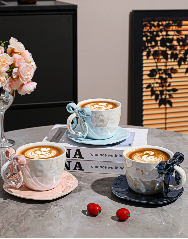 Ceramic Coffee Cup And Saucer Set With Bowknot Elegant Design_voghion.com