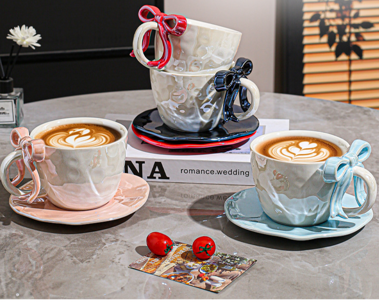 Ceramic Coffee Cup And Saucer Set With Bowknot Elegant Design_voghion.com