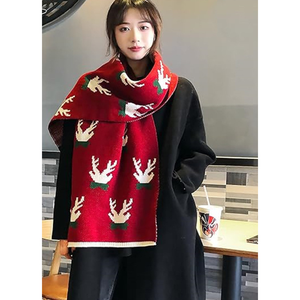 Kadınlar İçin Noel, Sonbahar ve Kış Ren Geyiği Desenli Sıcak Örme Yün Atkı, Şal, Yeni Yıl Kırmızı Atkı_voghion.com