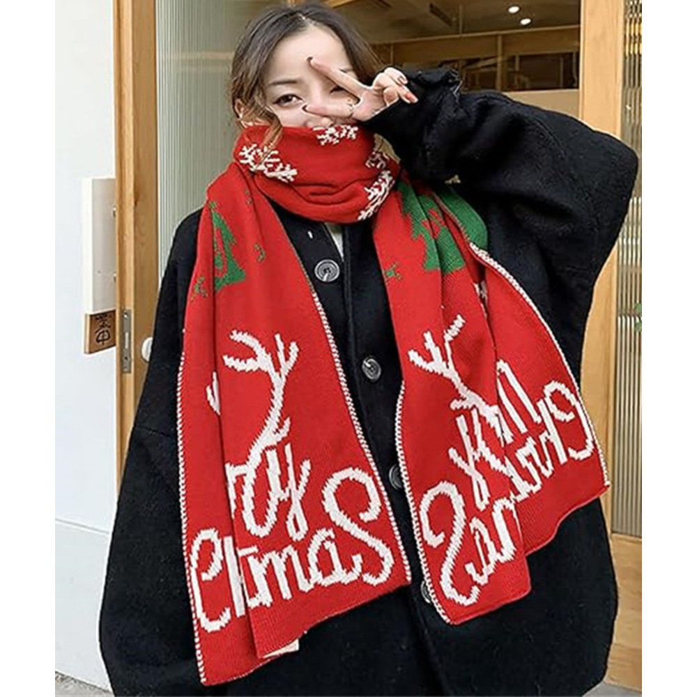 Kadınlar İçin Noel, Sonbahar ve Kış Ren Geyiği Desenli Sıcak Örme Yün Atkı, Şal, Yeni Yıl Kırmızı Atkı_voghion.com