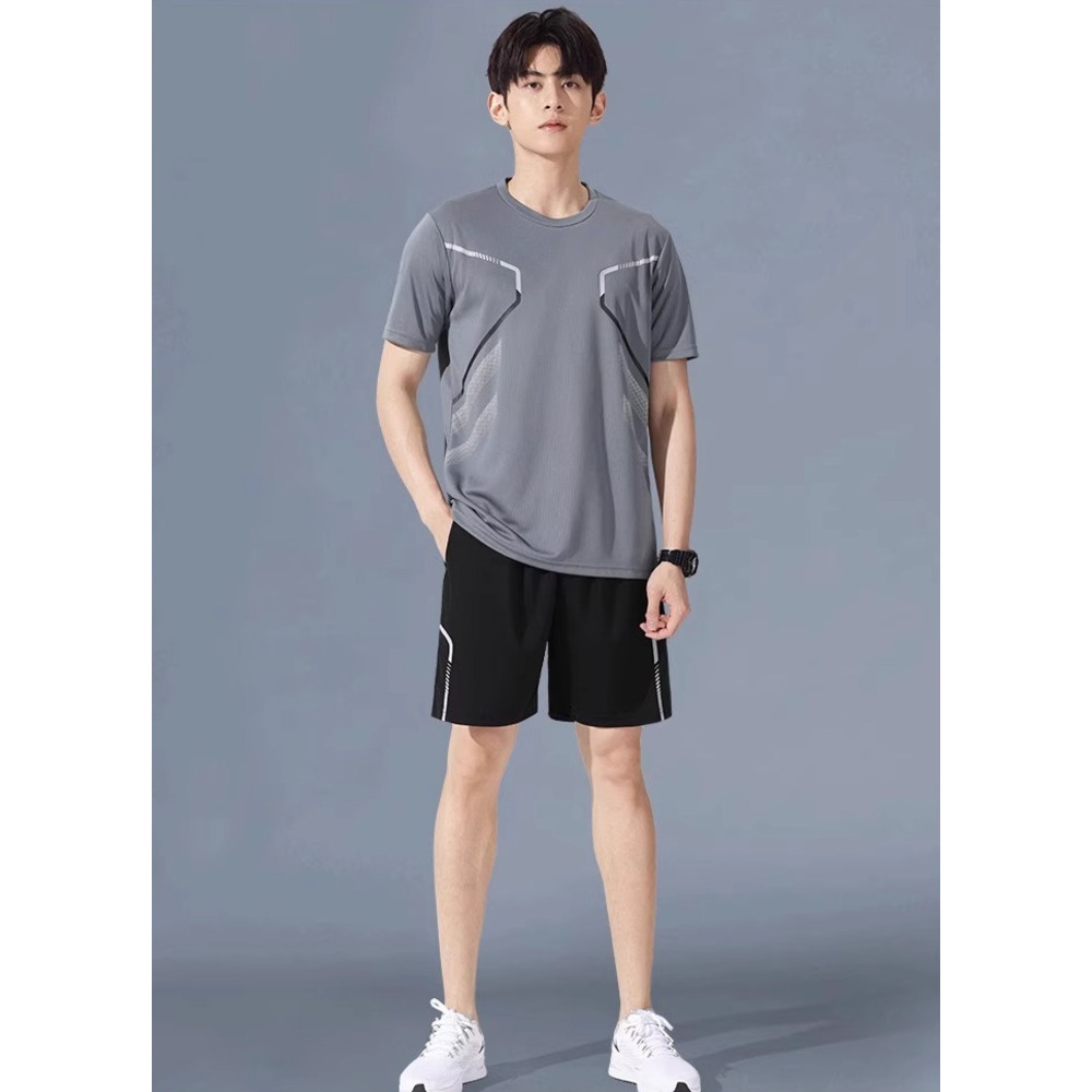 Sommerliches Indoor-Sport-Kurzarm-Set, Fitness für Damen, Outdoor-Laufbekleidung, schnelltrocknend, Herren-Eisseiden-Sportbekleidung, Schwarz_voghion.com