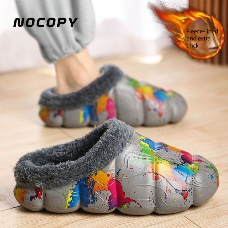 NOCOPY Winter New Slippers Men, Fleece-Lined And Thickened, Couples' Shoes, Soft Sole, Slip-On, Closed-Toe Cotton Shoes_voghion.com