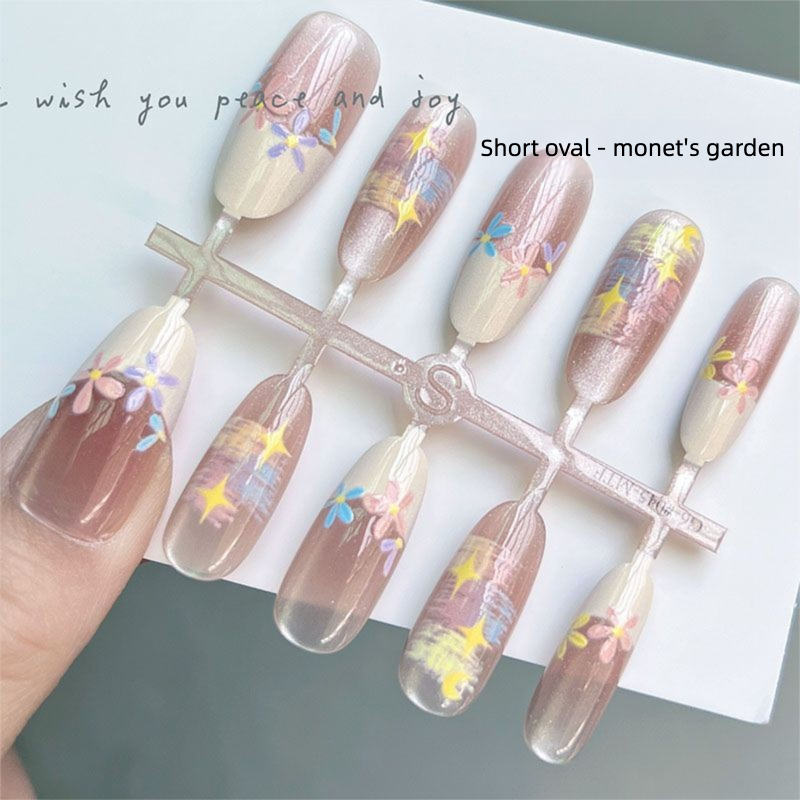 Monet Garden Cat Eye Kurz Abnehmbar Neu Aufhellung Fertig High-End Art Nagelspitzen Tragbare Aufkleber Vorgefertigt_voghion.com