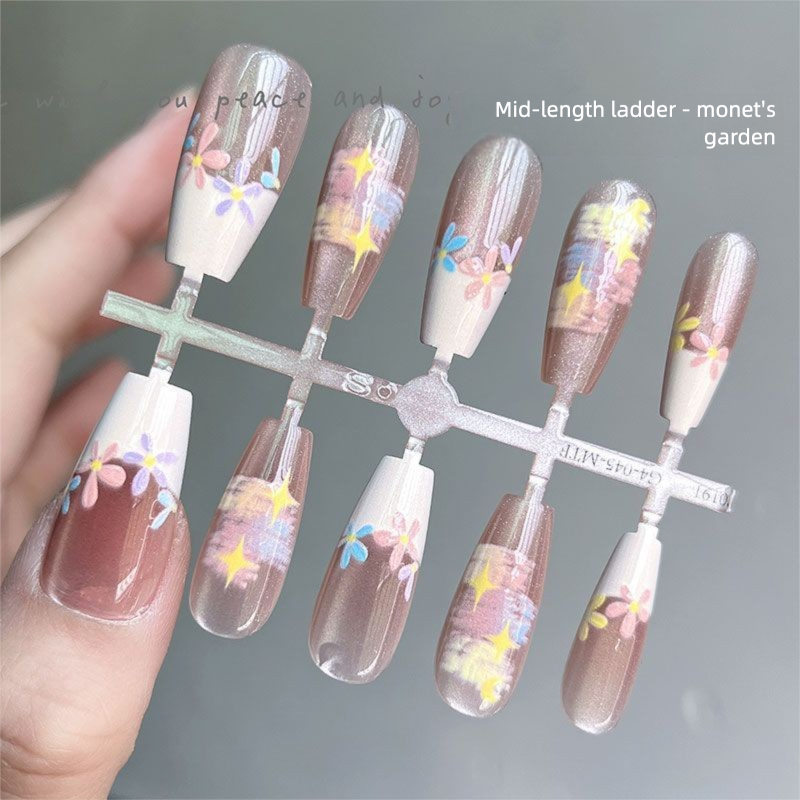 Monet Garden Cat Eye Short Detachable New Whitening Finished High-end Art Nail Tips Wearable Stickers Pre-made_voghion.com