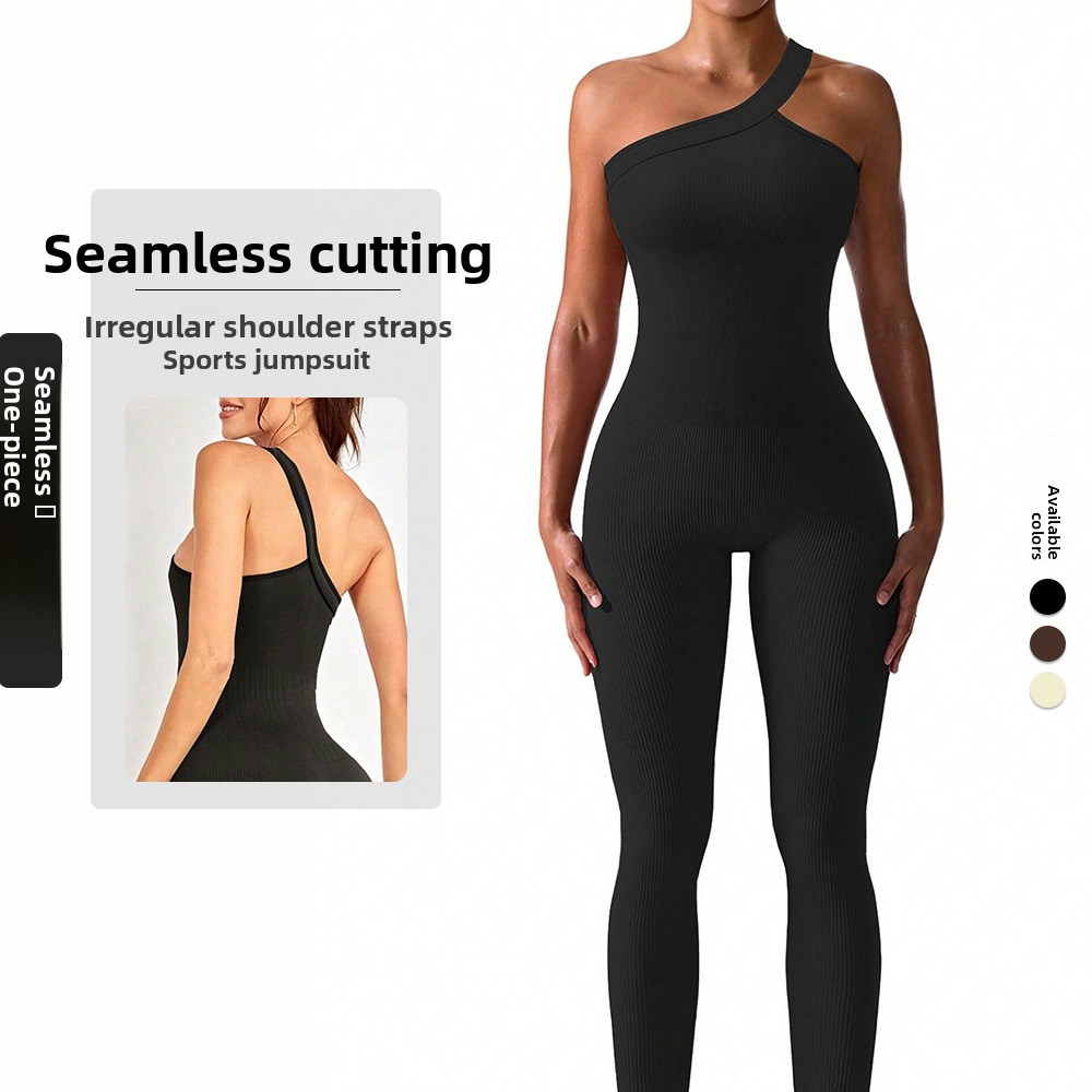 Seamless New U-Shaped Backless Sexy Bodysuit For Women With Slanted Shoulder Straps, Fitness Bodysuit, Long Pants,_voghion.com