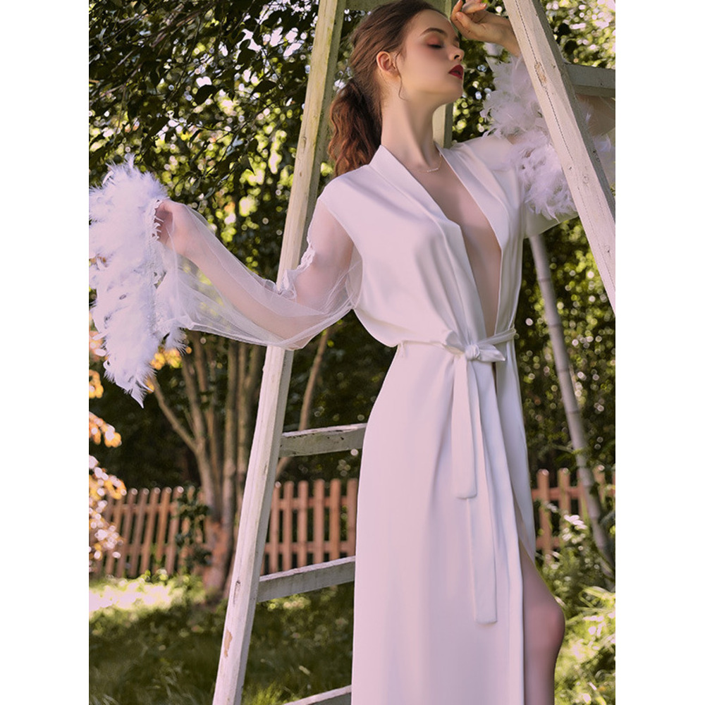 GraceChic GraceChic Guiruo Brand European And American Satin Mesh Feather Cuff Nightgown For Women Embroidered Lace-Up Robe Homewear Set_voghion.com