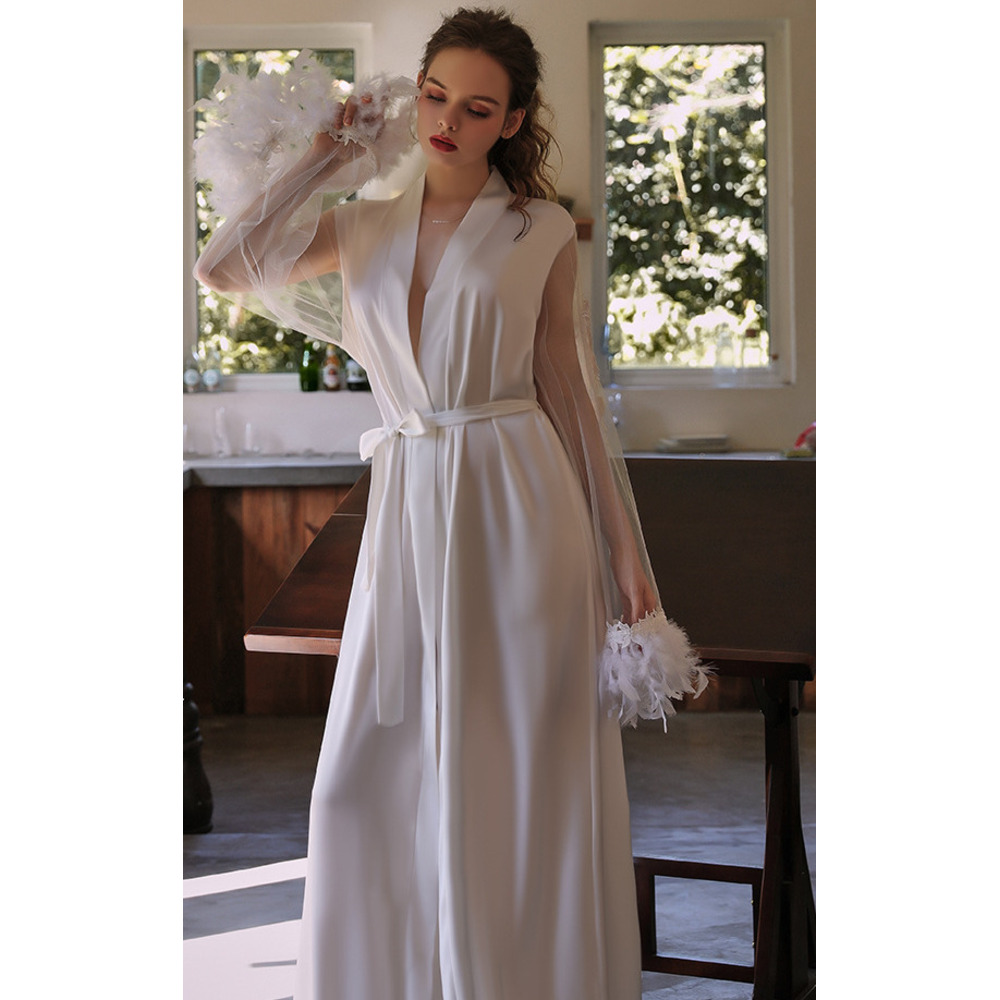 GraceChic GraceChic Guiruo Brand European And American Satin Mesh Feather Cuff Nightgown For Women Embroidered Lace-Up Robe Homewear Set_voghion.com