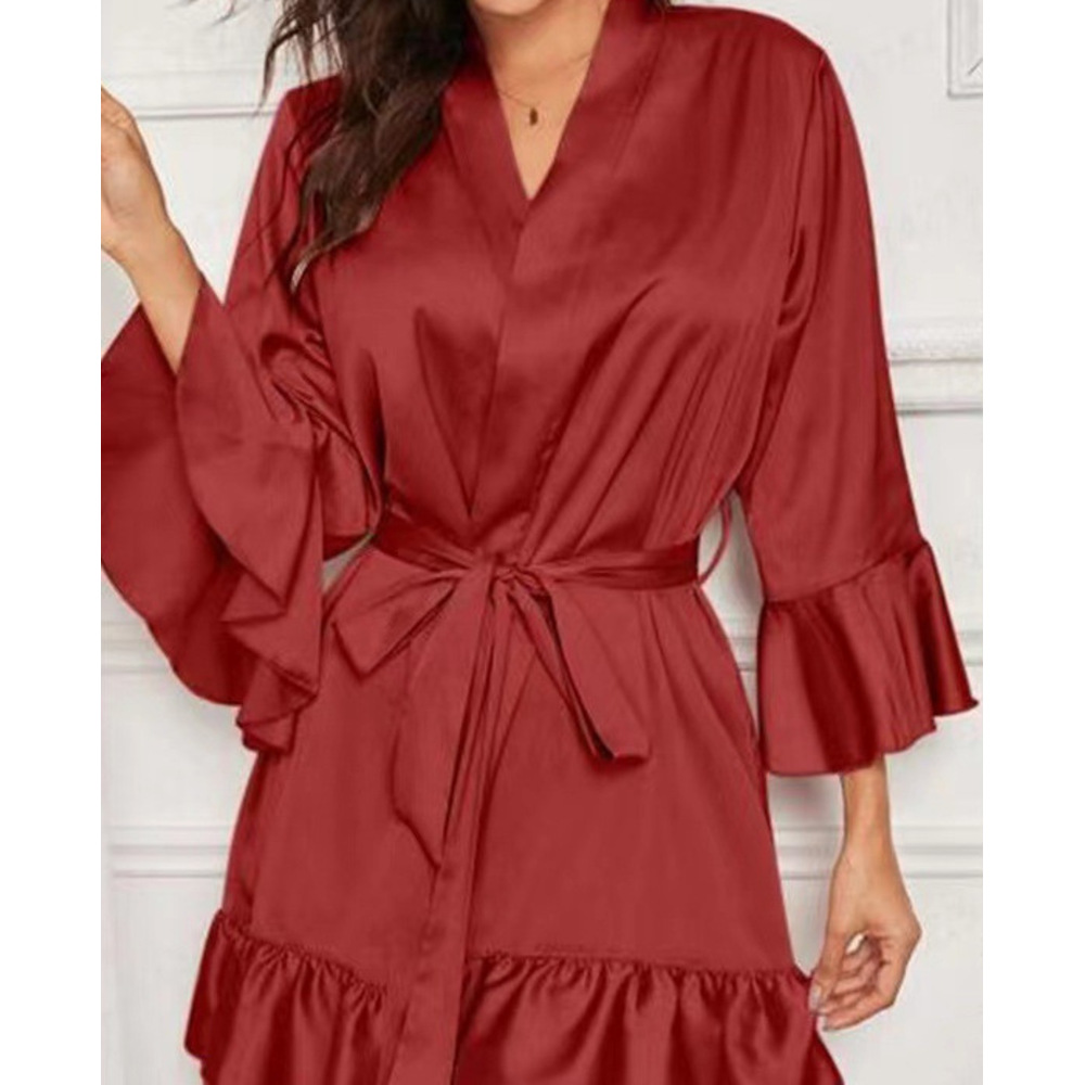 GraceChic European And American Hot-Selling Women's Sexy Stretch Satin Bathrobe Plus Size Nightgown Solid Color Loungewear_voghion.com