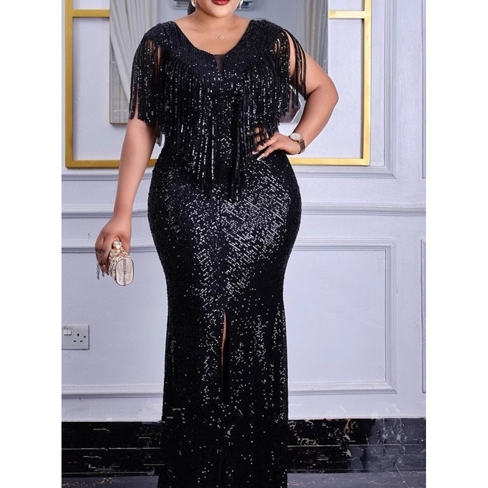 GraceChic Cross-Border Foreign Trade European And American Sexy Slim Sequin Tassel Plus Size Women's Dress Evening Gown_voghion.com