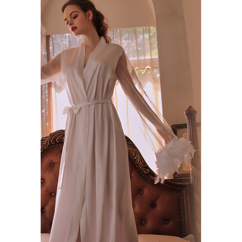 GraceChic GraceChic Guiruo Brand European And American Satin Mesh Feather Cuff Nightgown For Women Embroidered Lace-Up Robe Homewear Set_voghion.com
