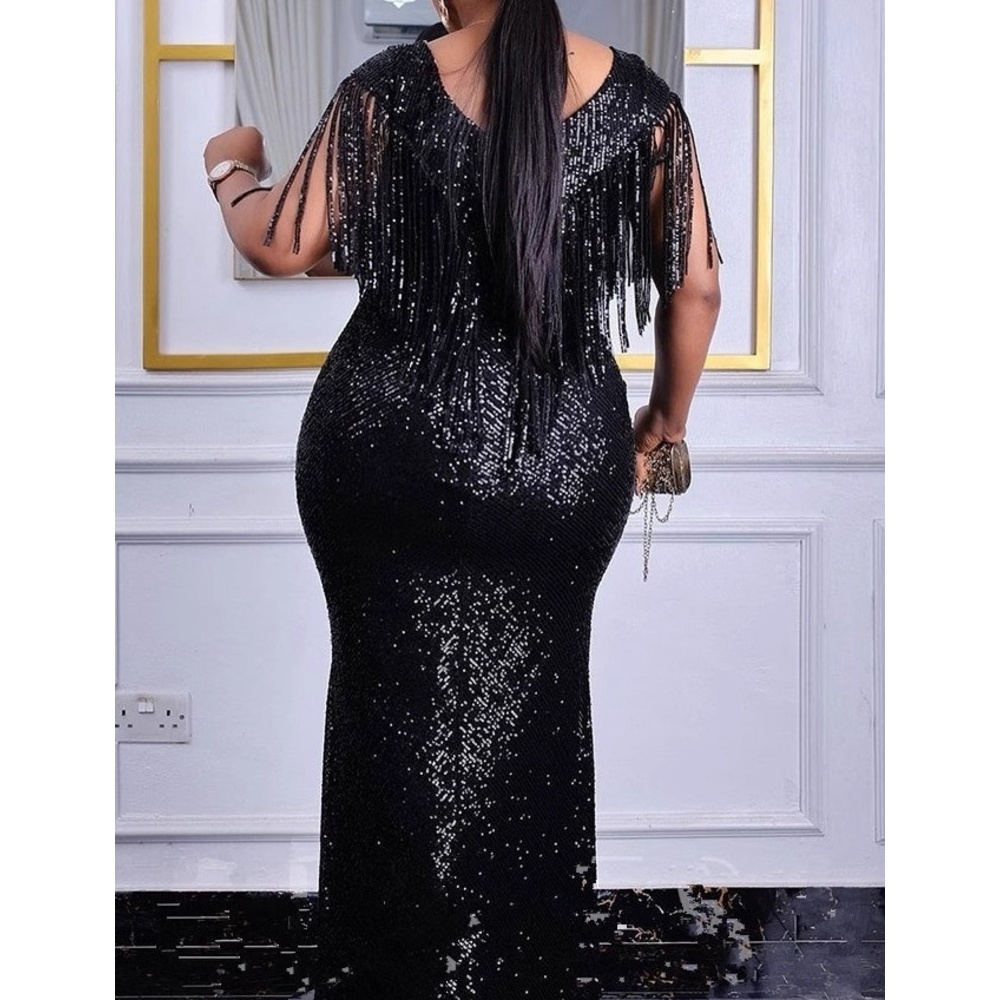 GraceChic Cross-Border Foreign Trade European And American Sexy Slim Sequin Tassel Plus Size Women's Dress Evening Gown_voghion.com