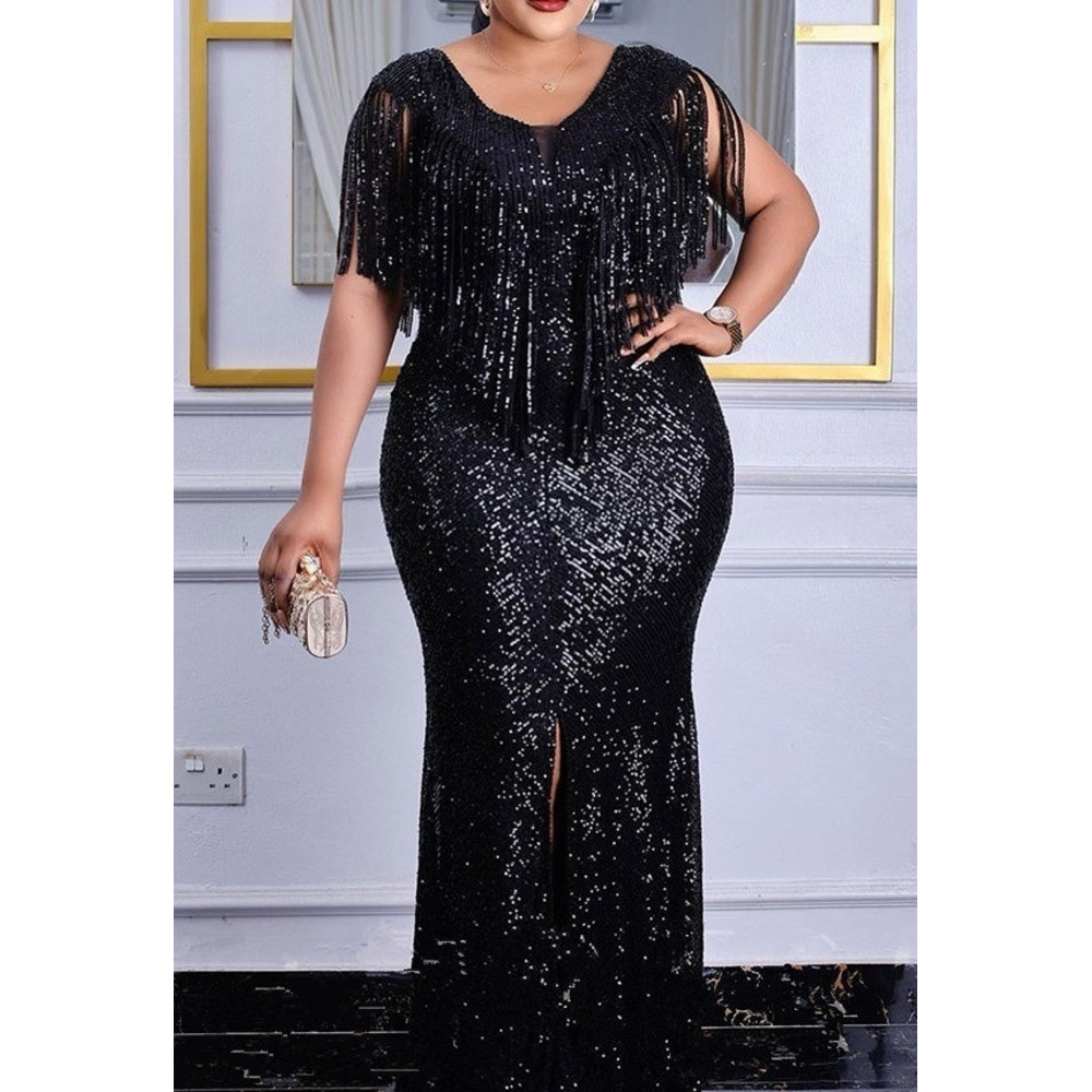 GraceChic Cross-Border Foreign Trade European And American Sexy Slim Sequin Tassel Plus Size Women's Dress Evening Gown_voghion.com