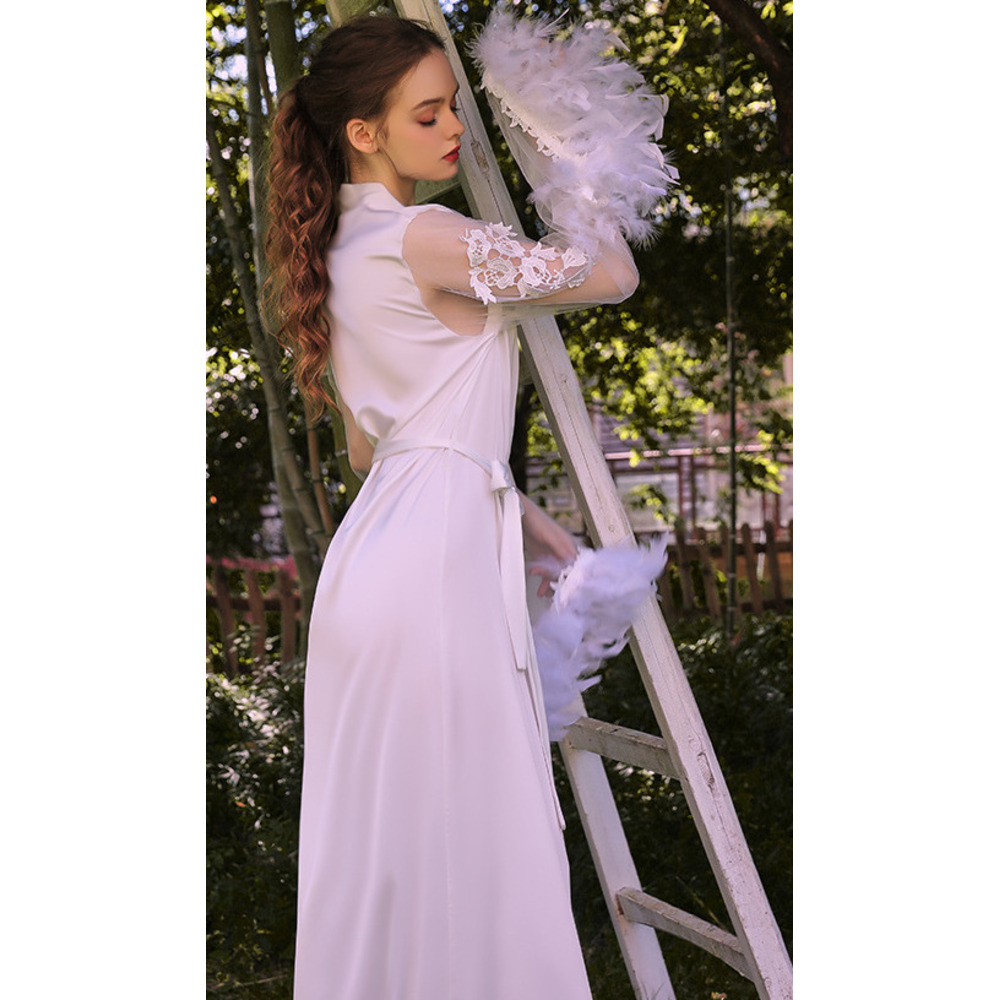 GraceChic GraceChic Guiruo Brand European And American Satin Mesh Feather Cuff Nightgown For Women Embroidered Lace-Up Robe Homewear Set_voghion.com