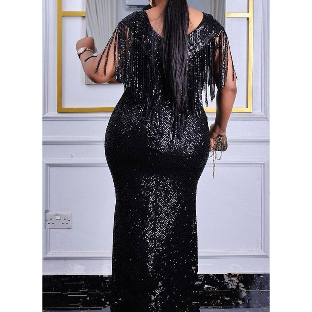 GraceChic Cross-Border Foreign Trade European And American Sexy Slim Sequin Tassel Plus Size Women's Dress Evening Gown_voghion.com