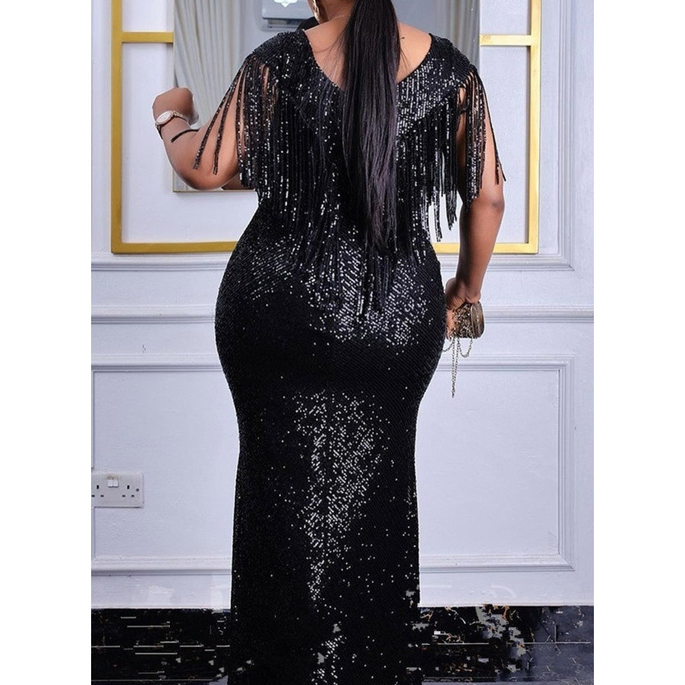 GraceChic Cross-Border Foreign Trade European And American Sexy Slim Sequin Tassel Plus Size Women's Dress Evening Gown_voghion.com