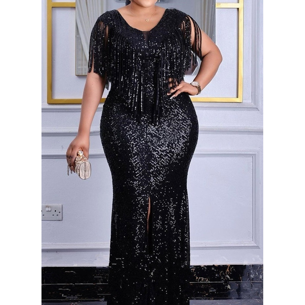 GraceChic Cross-Border Foreign Trade European And American Sexy Slim Sequin Tassel Plus Size Women's Dress Evening Gown_voghion.com