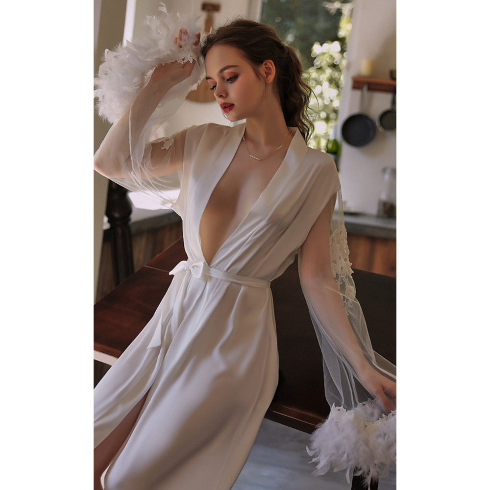 GraceChic GraceChic Guiruo Brand European And American Satin Mesh Feather Cuff Nightgown For Women Embroidered Lace-Up Robe Homewear Set_voghion.com