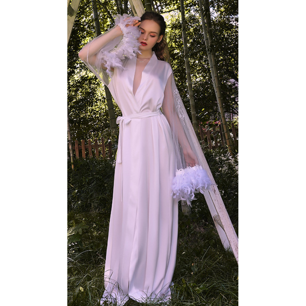 GraceChic GraceChic Guiruo Brand European And American Satin Mesh Feather Cuff Nightgown For Women Embroidered Lace-Up Robe Homewear Set_voghion.com