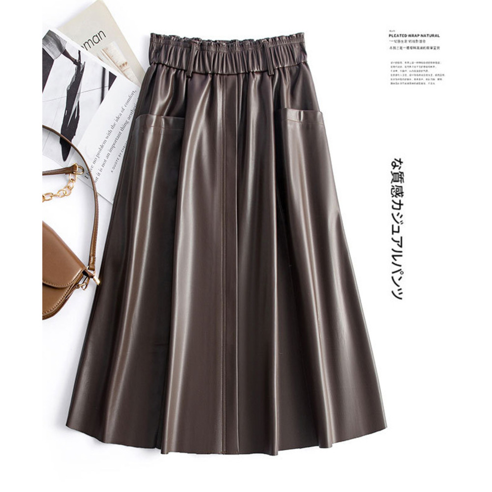 GraceChic GraceChic GraceChic 2024 Kafuland Autumn Winter New Women's Leather Half Pleated Skirt Five-Point Plus Size Slimming Concealing Versatile_voghion.com