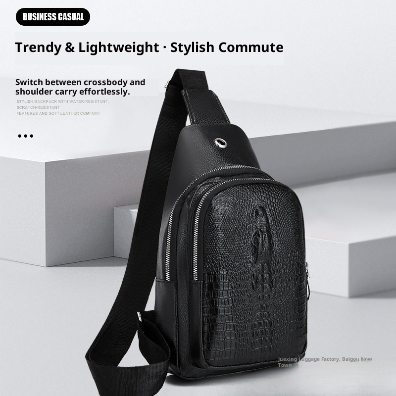 001 2023 New Men's Crocodile Pattern Trendy Fashion Casual Crossbody PU Sports Versatile Lightweight Front Chest Bag_voghion.com
