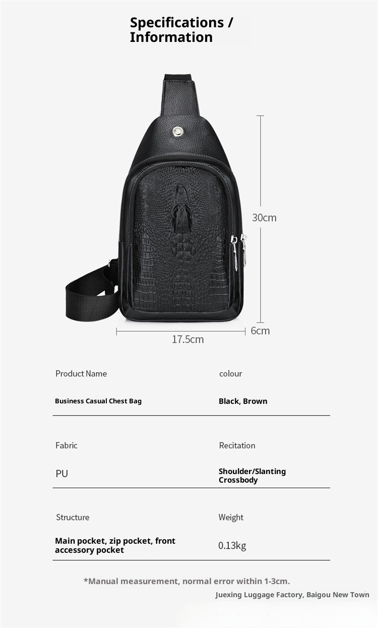 001 2023 New Men's Crocodile Pattern Trendy Fashion Casual Crossbody PU Sports Versatile Lightweight Front Chest Bag_voghion.com
