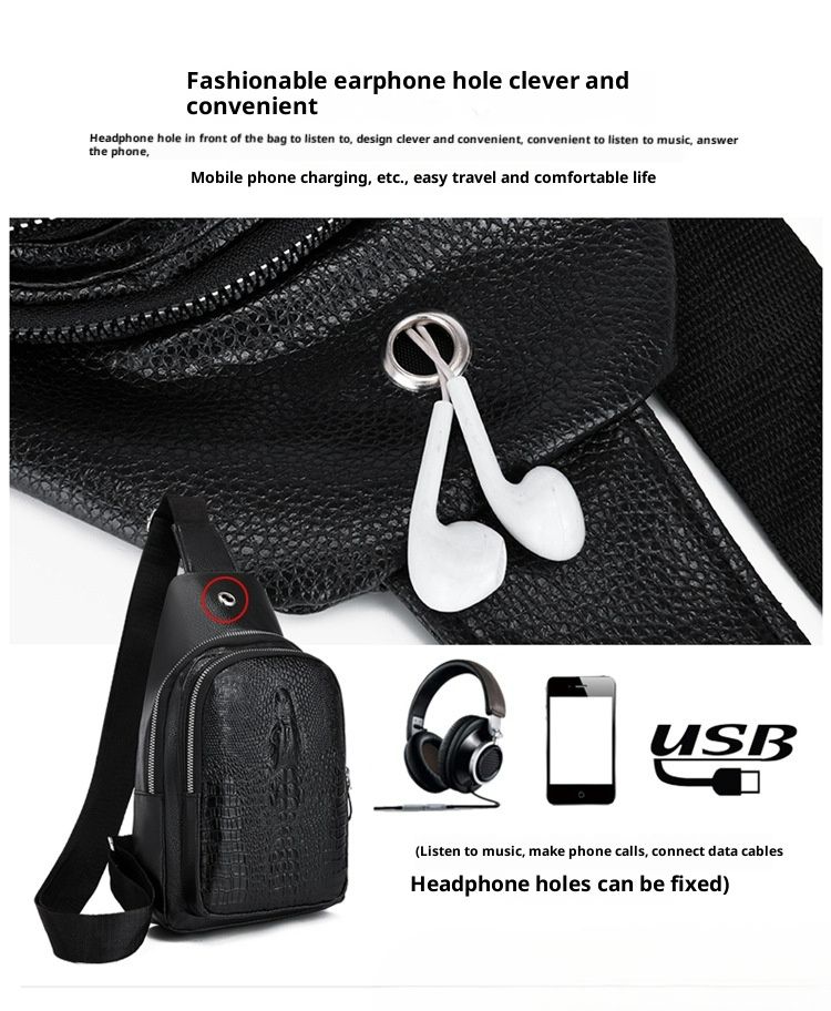 001 2023 New Men's Crocodile Pattern Trendy Fashion Casual Crossbody PU Sports Versatile Lightweight Front Chest Bag_voghion.com