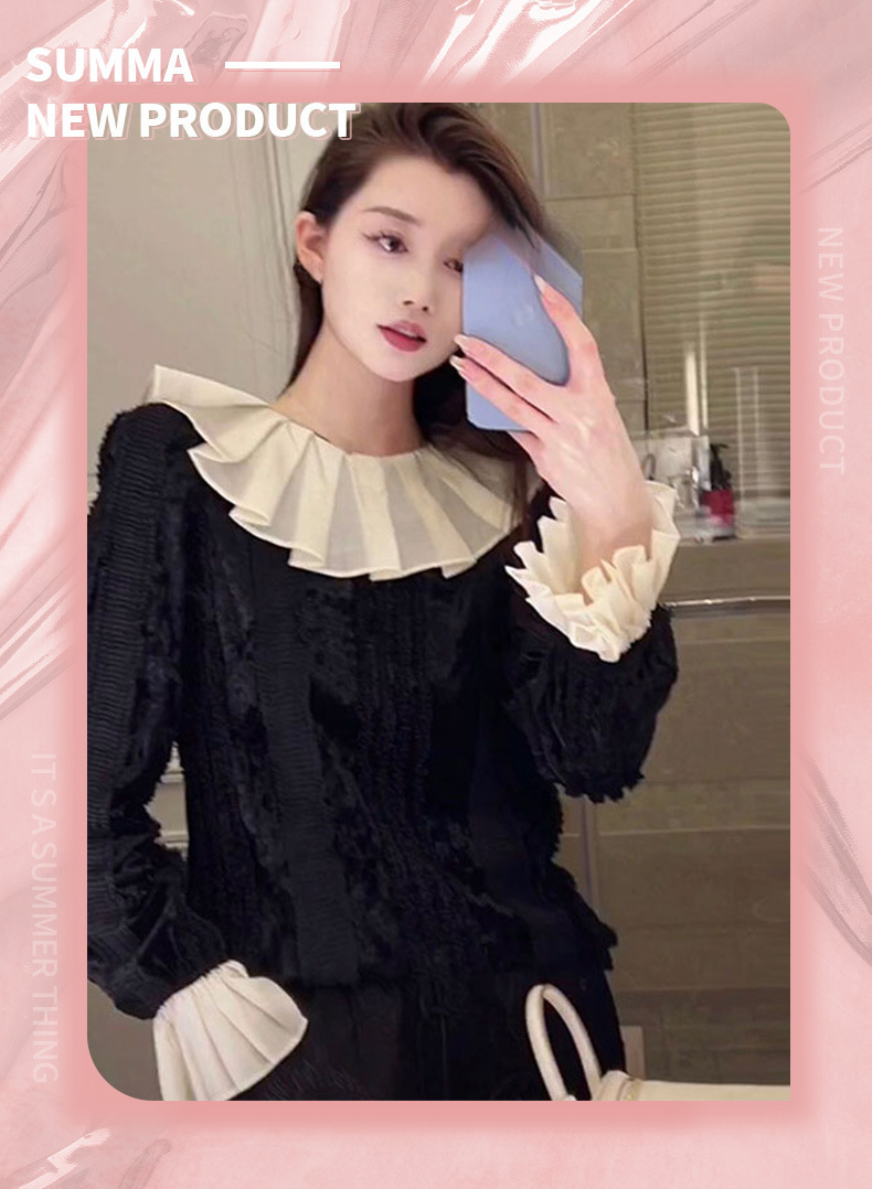 GraceChic GraceChic GraceChic Women's Fashion Station 25 New European Goods Trendy High-end Unique Pleated Ruffle Collar Patchwork Velvet Blouse Shirt_voghion.com