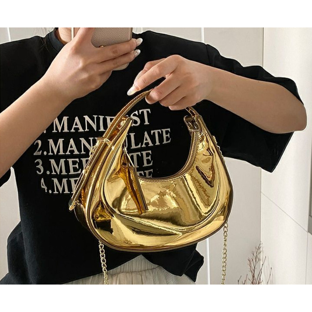 Mini Crescent Tasche Für Damen Silber Glänzend Elegante Handtasche_voghion.com