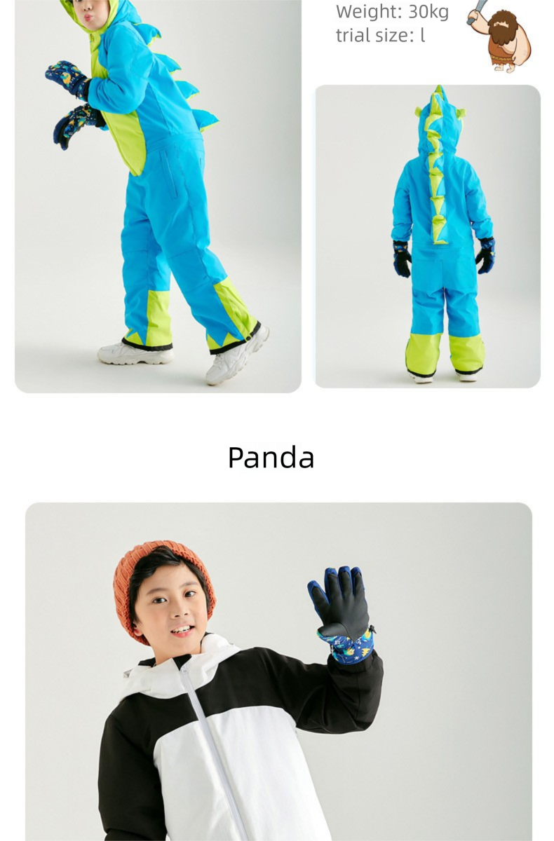 Tuta da sci monopezzo per bambini e bambine a forma di animale, modello dinosauro, disponibile in magazzino_voghion.com