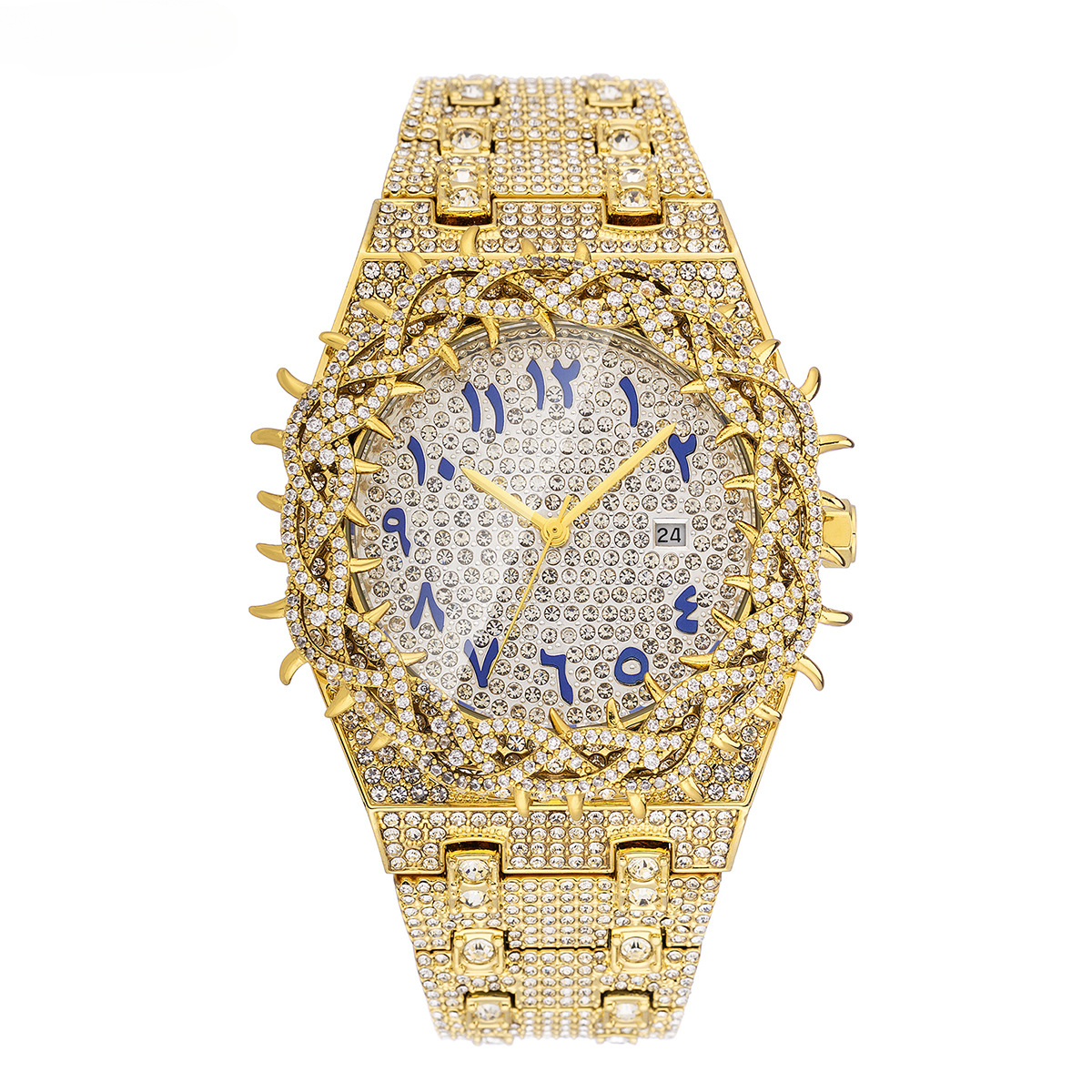 Sunflower-Shaped Full Diamond Quartz Watch, Blue Arabic Numeral Dial With Date Window, Hip Hop Unisex Steel Band Wristwatch_voghion.com