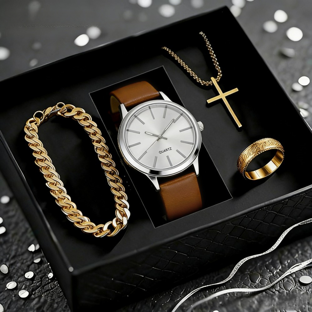 Men Quartz Watch Set 4 In 1 Business Wristwatch With Bracelet Necklace Ring Leather Strap Gift Box_voghion.com