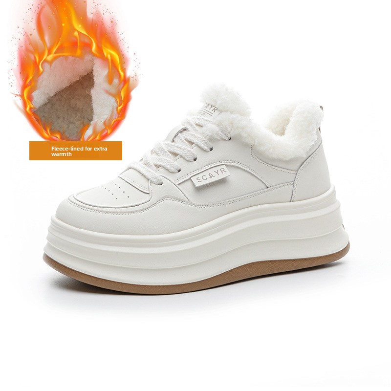Fleece-Lined Warm White Sneakers For Women 2025 Autumn Winter New Round Toe Thick Sole Height Increasing Casual Fashion_vogvips.com