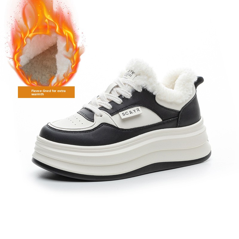 Fleece-Lined Warm White Sneakers For Women 2025 Autumn Winter New Round Toe Thick Sole Height Increasing Casual Fashion_vogvips.com