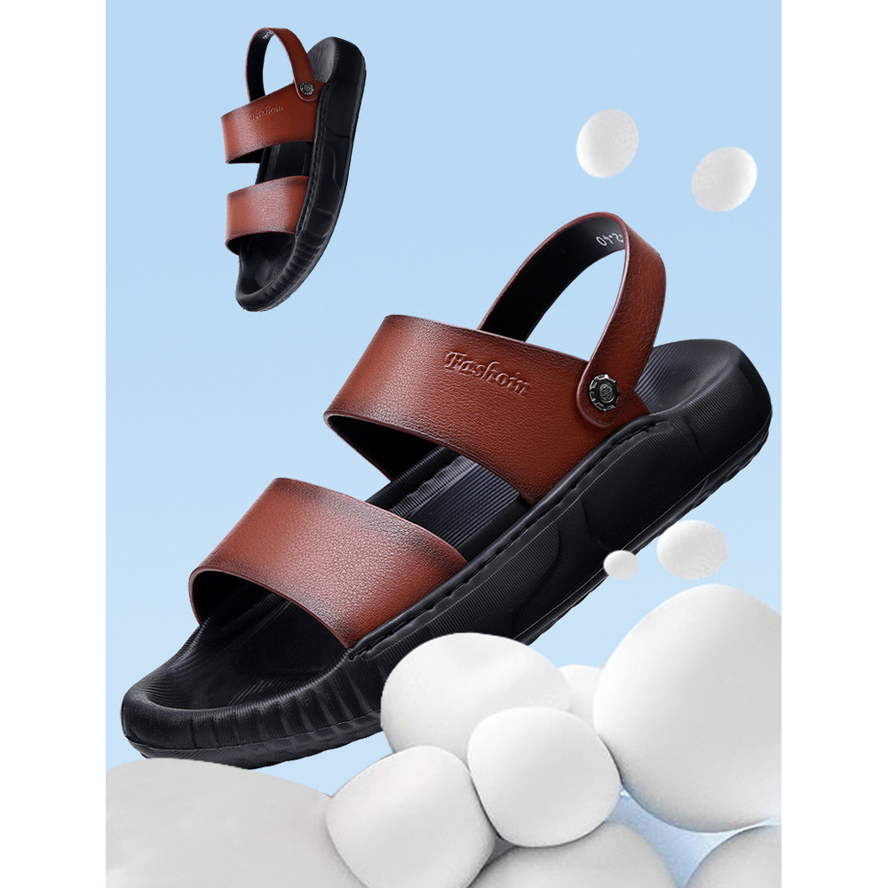 Summer Genuine Leather Sandals For Outdoor Wear, Non-Slip Soft Sole Beach Shoes, Men's Top Layer Cowhide Trendy Dual-Use_vogvips.com