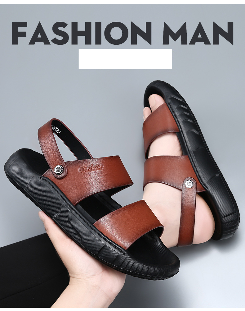 Summer Genuine Leather Sandals For Outdoor Wear, Non-Slip Soft Sole Beach Shoes, Men's Top Layer Cowhide Trendy Dual-Use_vogvips.com