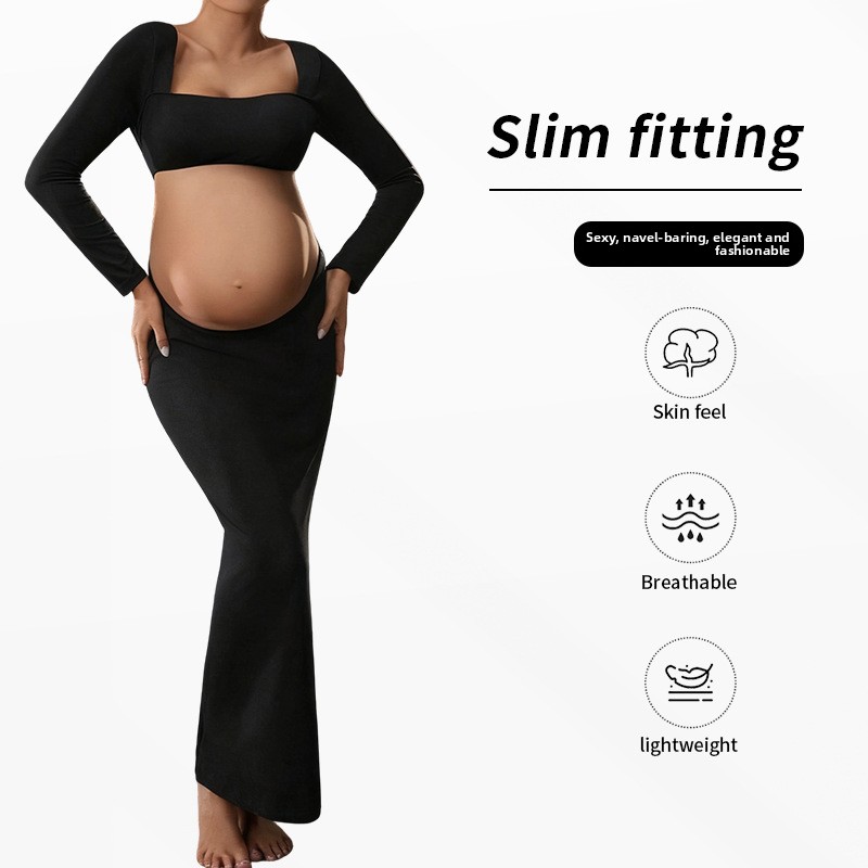 Bestseller 2026 New European And American Cross-Border Maternity Slim Fit Photo Shoot Navel-Baring Sexy Fashion Square Neck Long ALYCExiyuebaobao_voghion.com