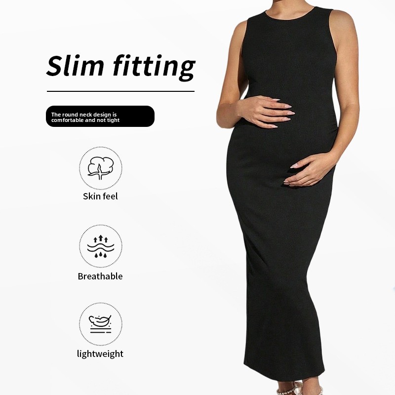 Bestseller Rugsplit Europese en Amerikaanse Grensoverschrijdende Bodycon Midi Slim Gebreide Herfst Afslankende Zwangerschapsjurk Mouwloos ALYCExiyuebaobao_voghion.com
