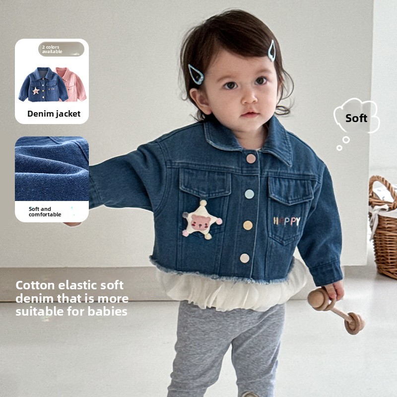 ALYCExiyuebaobao Children's Fashion Denim Jacket 2026 New Girls Stylish Doll Coat Baby Letter Color Buckle Autumn Trendy_voghion.com