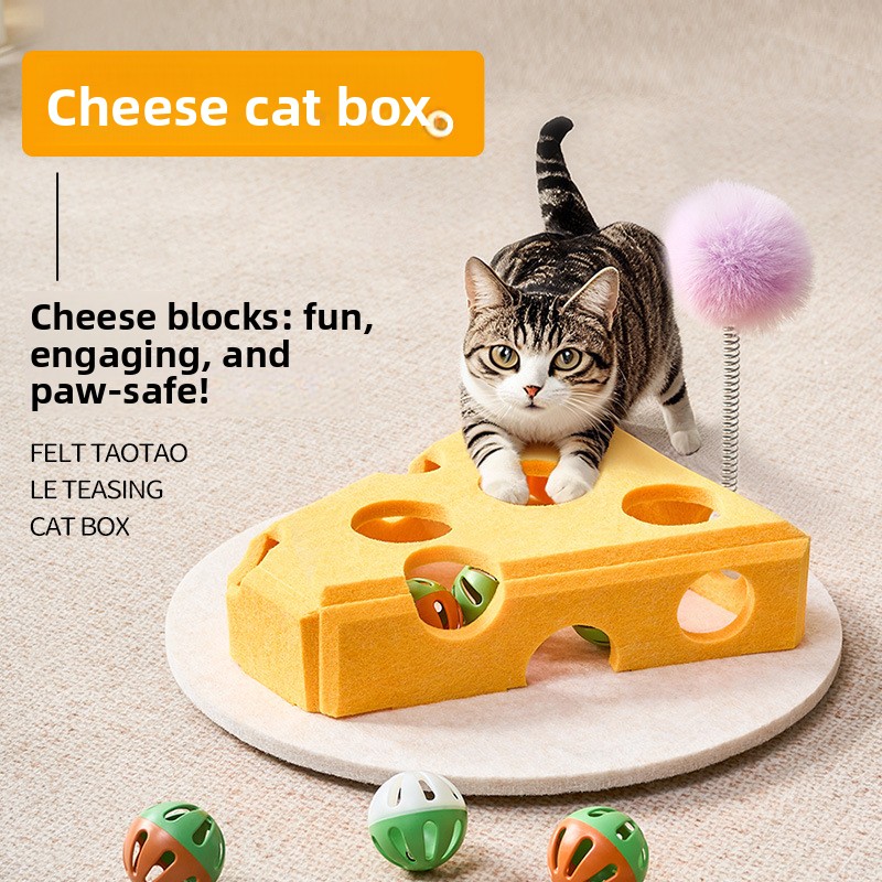 Bestseller Wand Creative Felt Cheese Teaser Box Kitten Toy Bell Ball Cat Self-Entertainment Gadget Pet Magic House_voghion.com