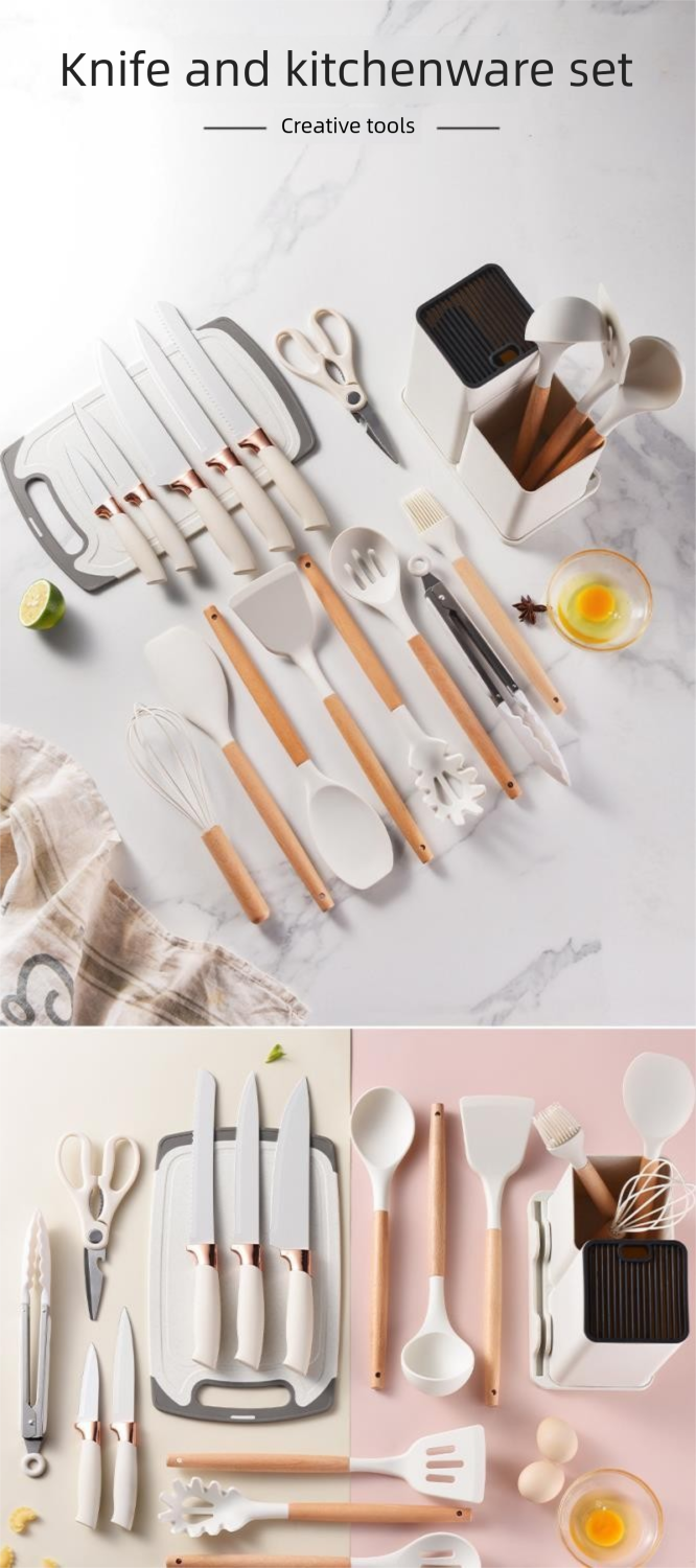 Silicone 19-Piece Non-Stick Cookware Spatula Spoon Kitchenware With Storage Bucket Knife Combination Set_voghion.com