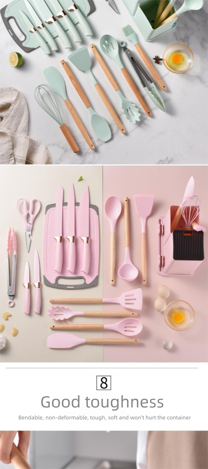 Silicone 19-Piece Non-Stick Cookware Spatula Spoon Kitchenware With Storage Bucket Knife Combination Set_voghion.com