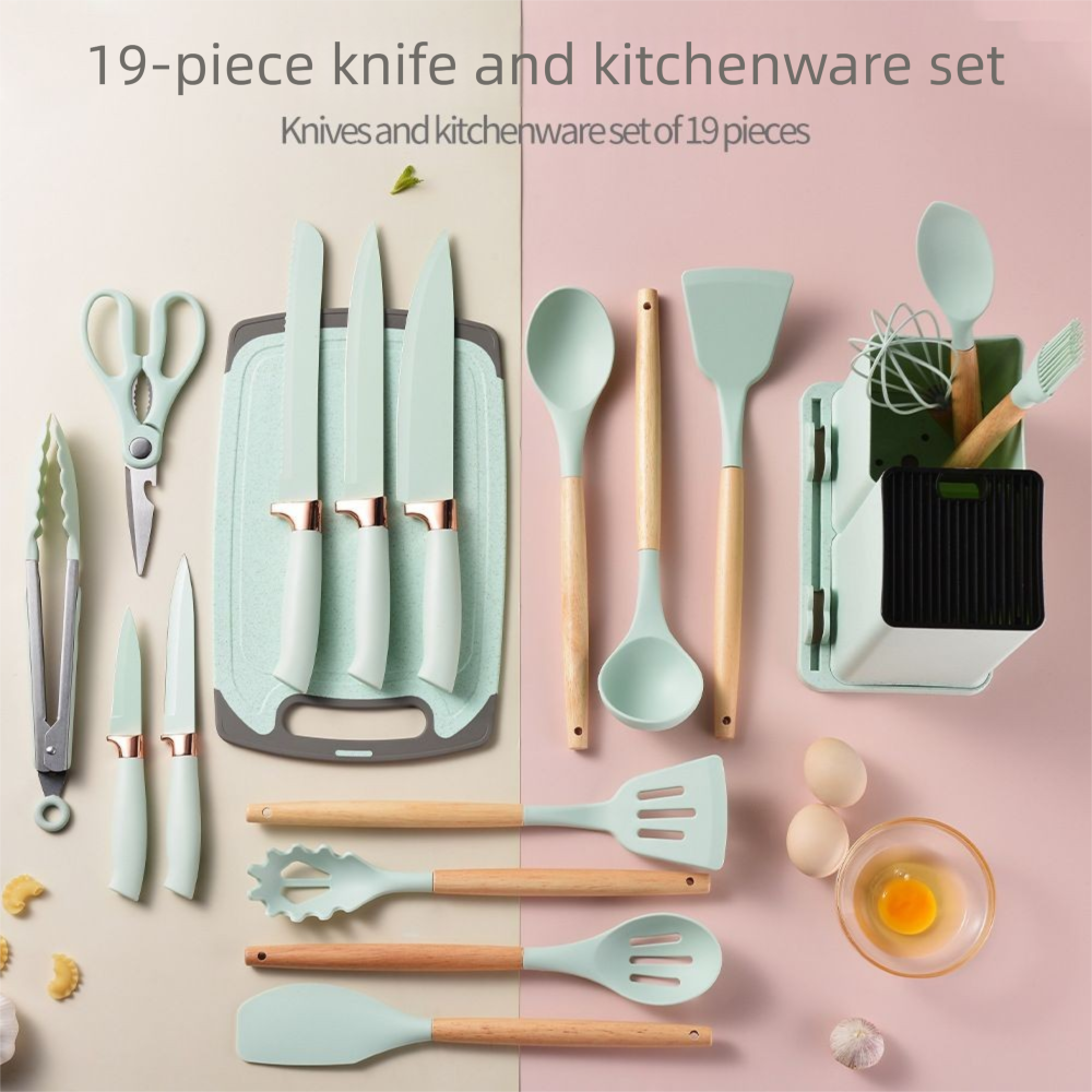 Silicone 19-Piece Non-Stick Cookware Spatula Spoon Kitchenware With Storage Bucket Knife Combination Set_voghion.com