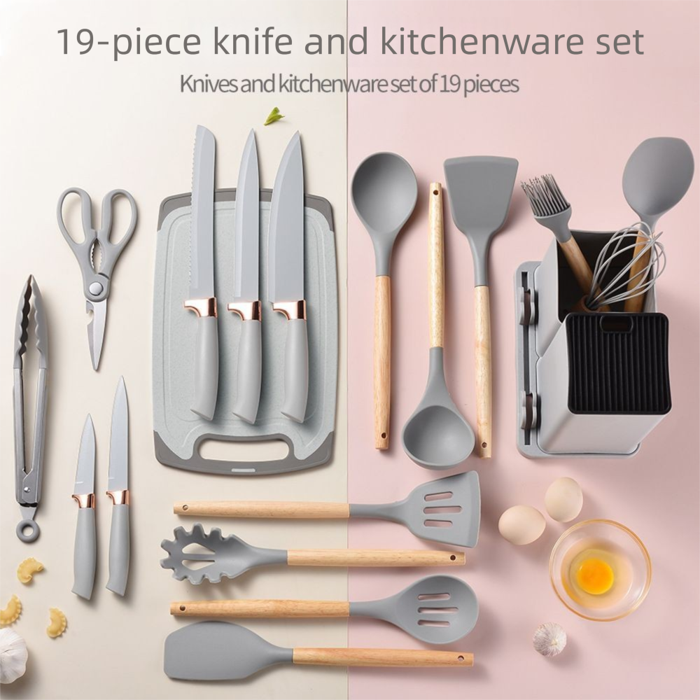 Silicone 19-Piece Non-Stick Cookware Spatula Spoon Kitchenware With Storage Bucket Knife Combination Set_voghion.com