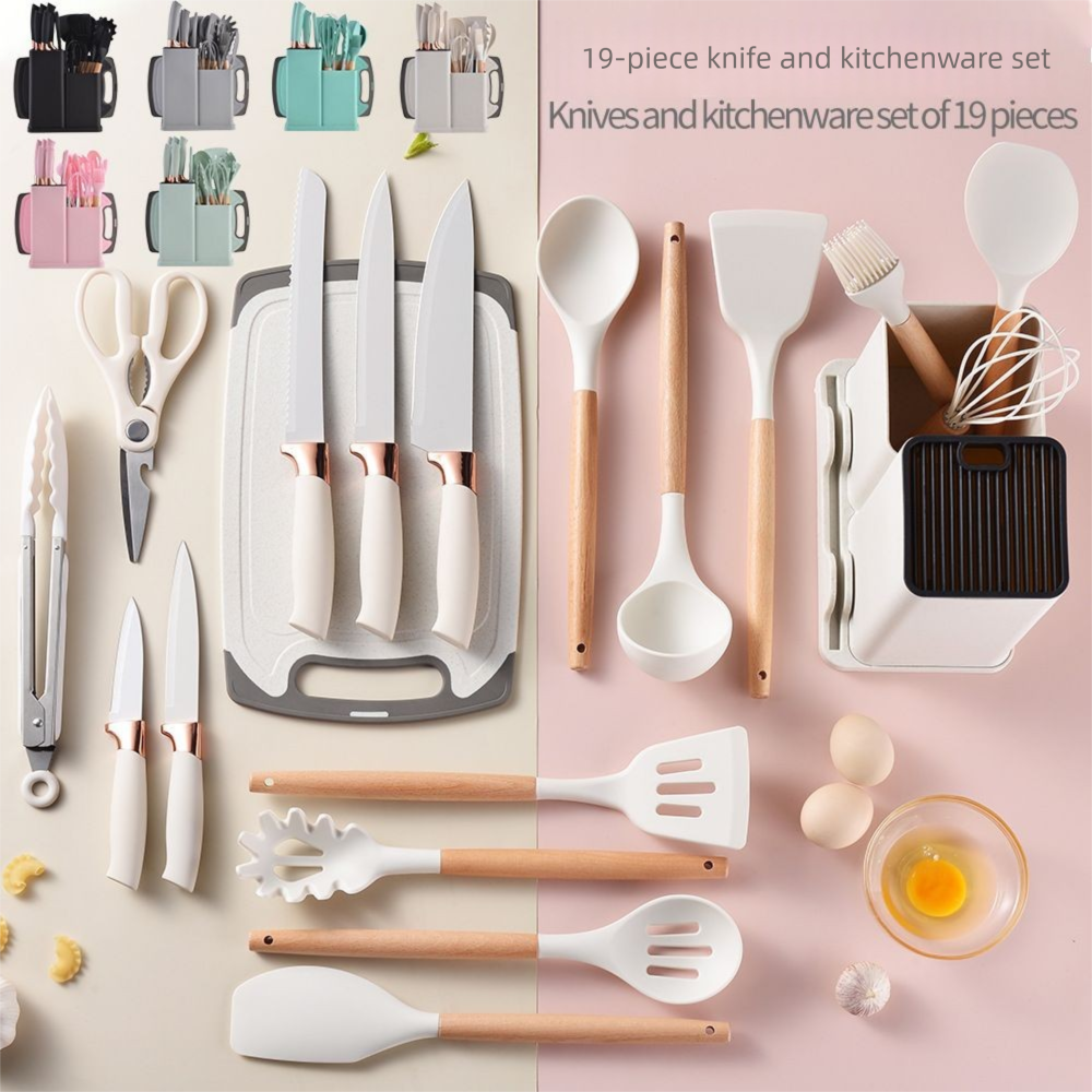 Silicone 19-Piece Non-Stick Cookware Spatula Spoon Kitchenware With Storage Bucket Knife Combination Set_voghion.com