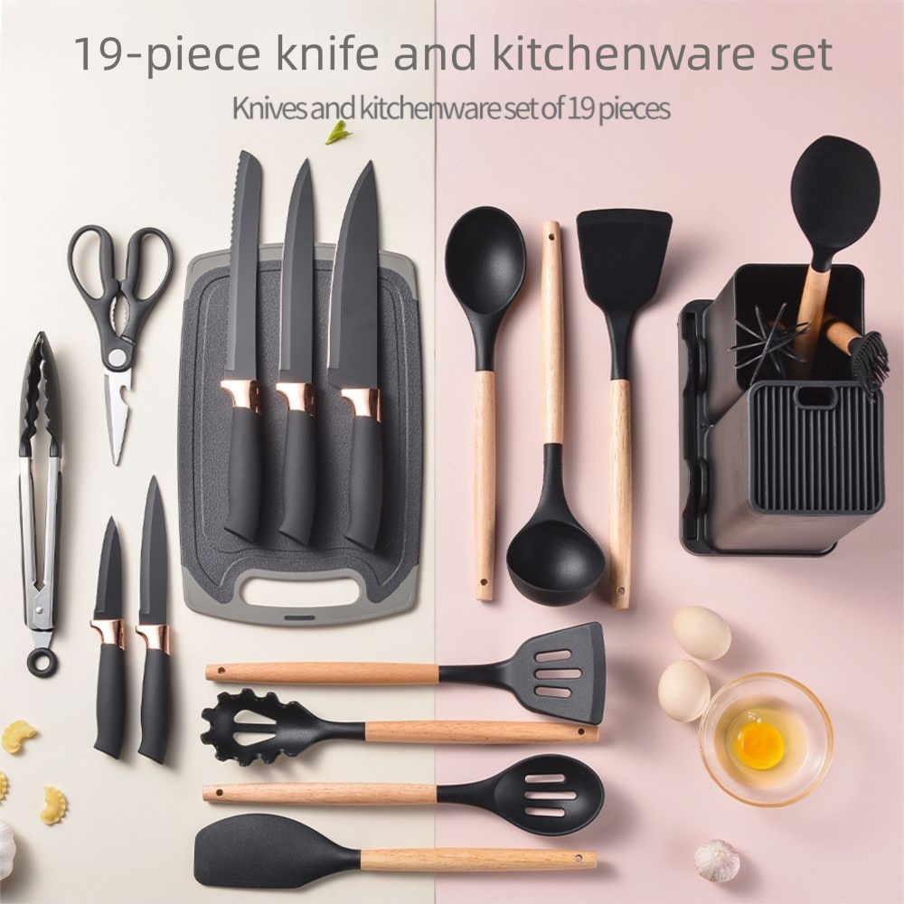 Silicone 19-Piece Non-Stick Cookware Spatula Spoon Kitchenware With Storage Bucket Knife Combination Set_voghion.com