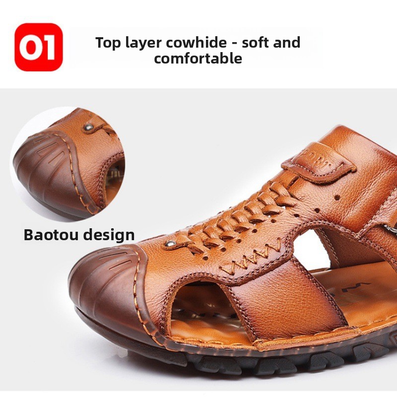 Sandali da uomo estivi casual in vera pelle 2025 con punta chiusa e suola in gomma antiscivolo, scarpe da spiaggia in pelle bovina._voghion.com
